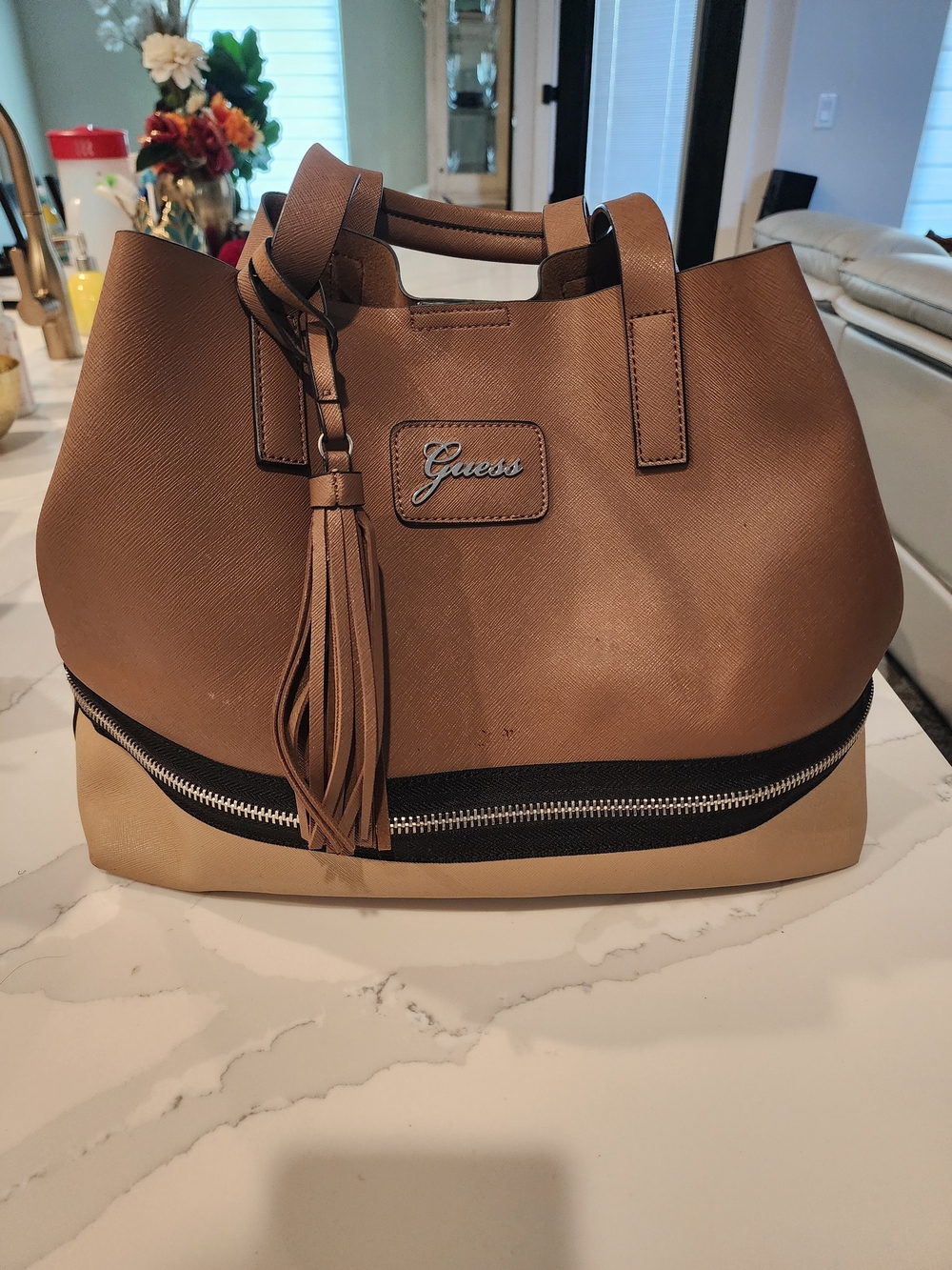 Guess Jamiya Two-Tone Large Brown Tote Bag with Tassel